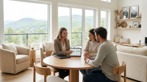 Real estate agent reviewing selling timeline for a home in Saint-Sauveur.