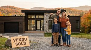 Une famille souriante devant une maison à vendre à Saint-Sauveur, représentant une nouvelle inscription réussie.