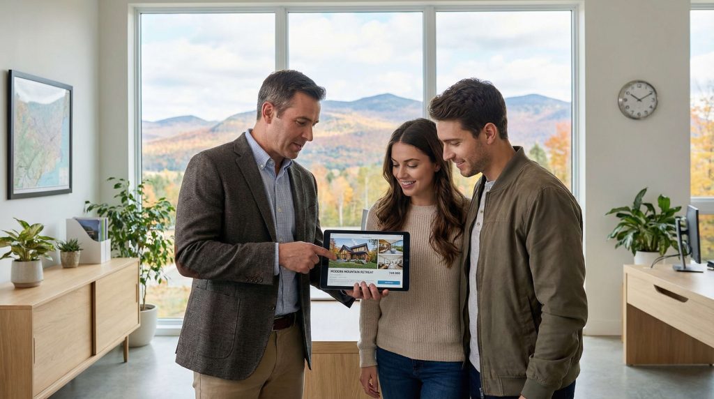 Un courtier immobilier montrant une nouvelle inscription de maison à vendre à Saint-Sauveur à des clients sur une tablette.