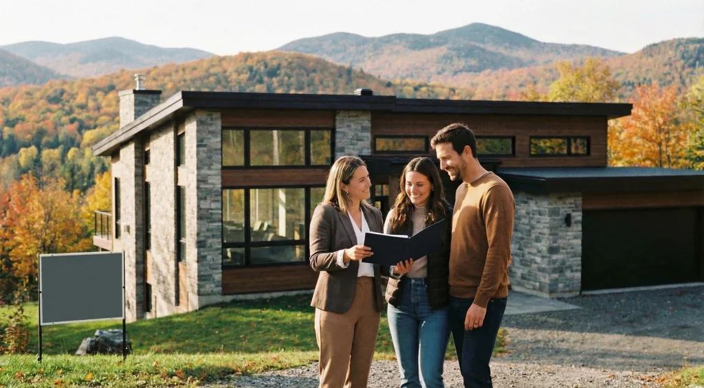 Courtier immobilier présentant une propriété à un couple dans les Laurentides en automne