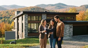 Courtier immobilier présentant une propriété à un couple dans les Laurentides en automne