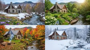 Quatre images représentant la saisonnalité des Laurentides et l’importance de choisir le meilleur moment pour vendre.