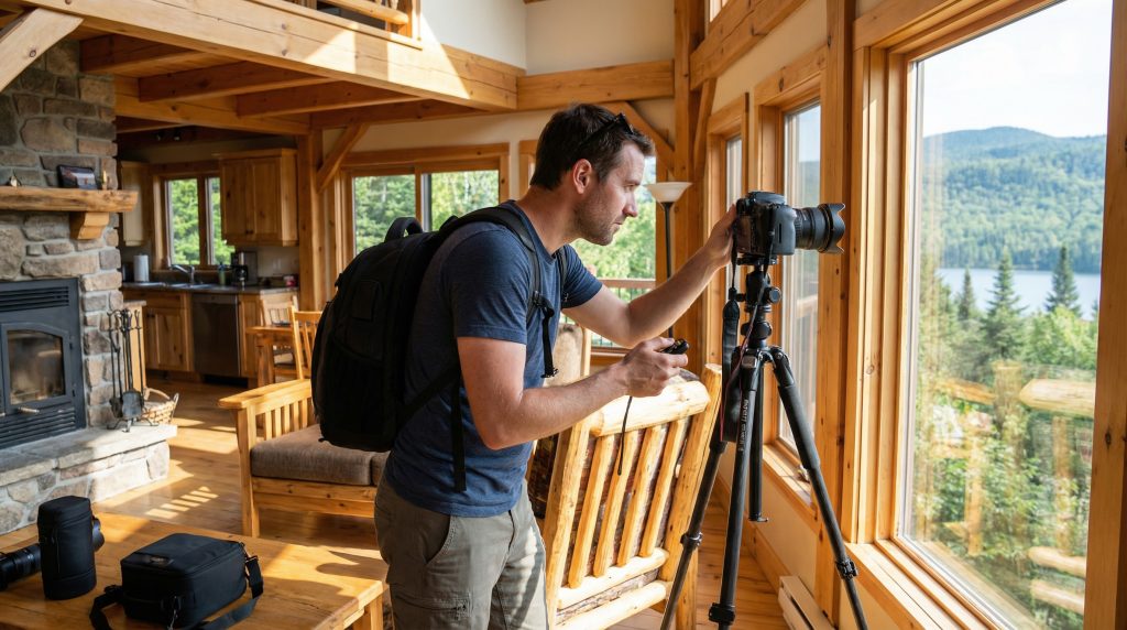 Photographe immobilier professionnel capturant des images de propriété de qualité pour préparer la maison à la vente.