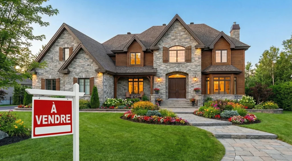 Maison de luxe à vendre avec pancarte À vendre et aménagement paysager impeccable