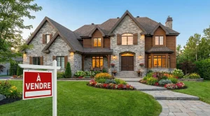 Maison de luxe à vendre avec pancarte À vendre et aménagement paysager impeccable