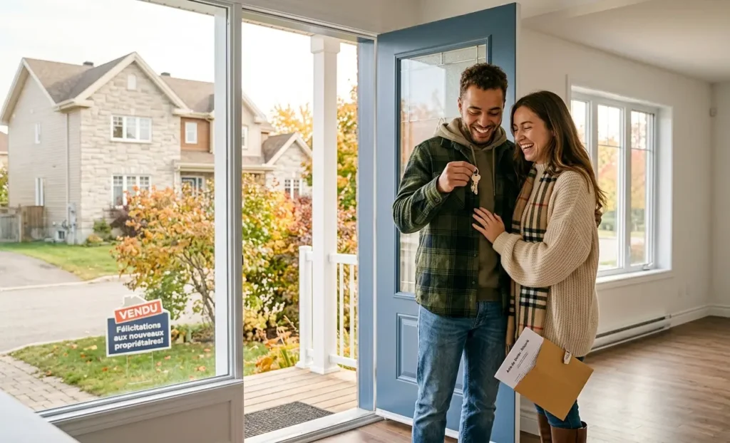 Young couple receiving the keys, a key step in buying their first house in the Laurentians