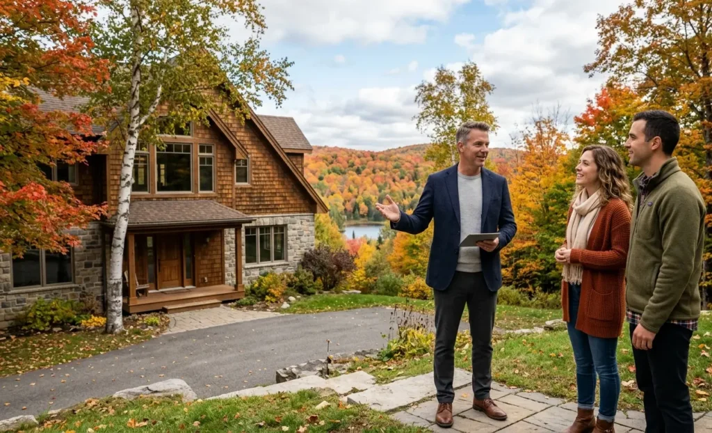 Broker showing a property to a couple to sell their house in the Laurentians in autumn