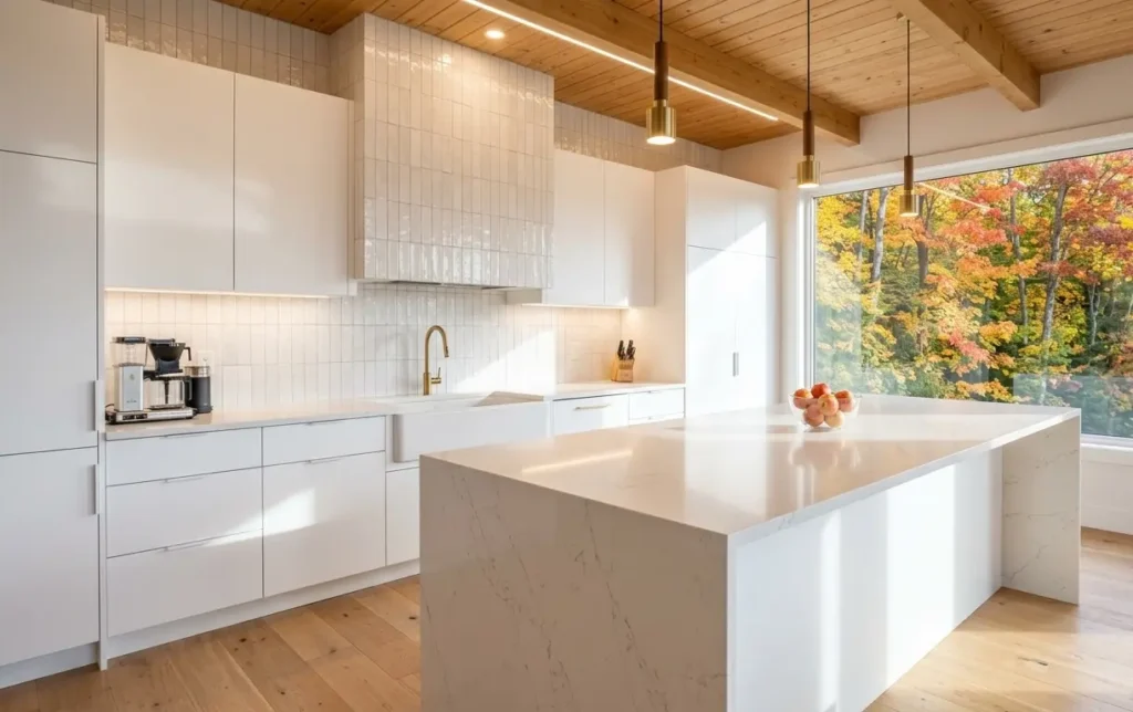 Renovated white kitchen with a quartz island, a good example of renovations that increase a home's value