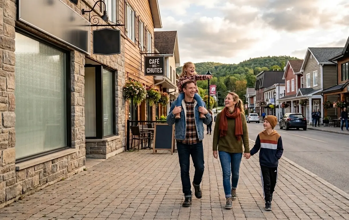 Family strolling along a shopping street in downtown Sainte-Adèle in autumn