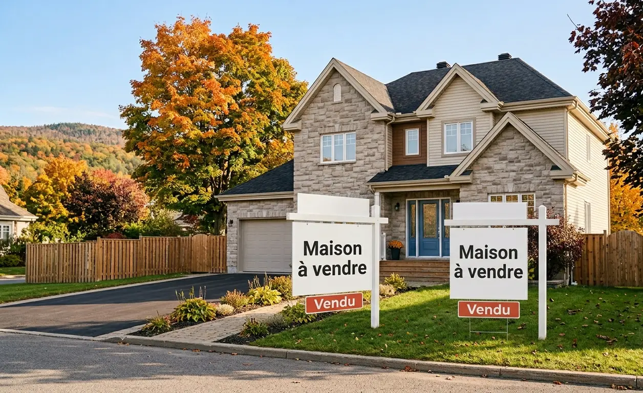 Two-story house for sale, then sold, in a Laurentians neighborhood in autumn
