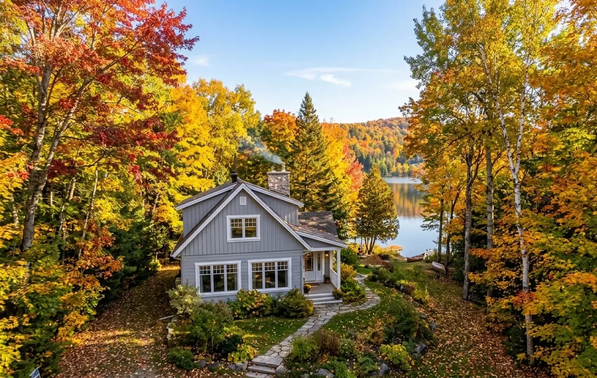 House nestled in the autumn forest with a view of a lake, typical of Sainte-Adèle's natural setting