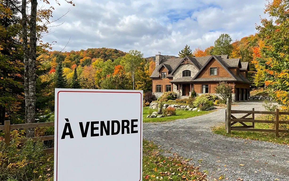 For-sale sign in front of a country property surrounded by fall forest in the Laurentians