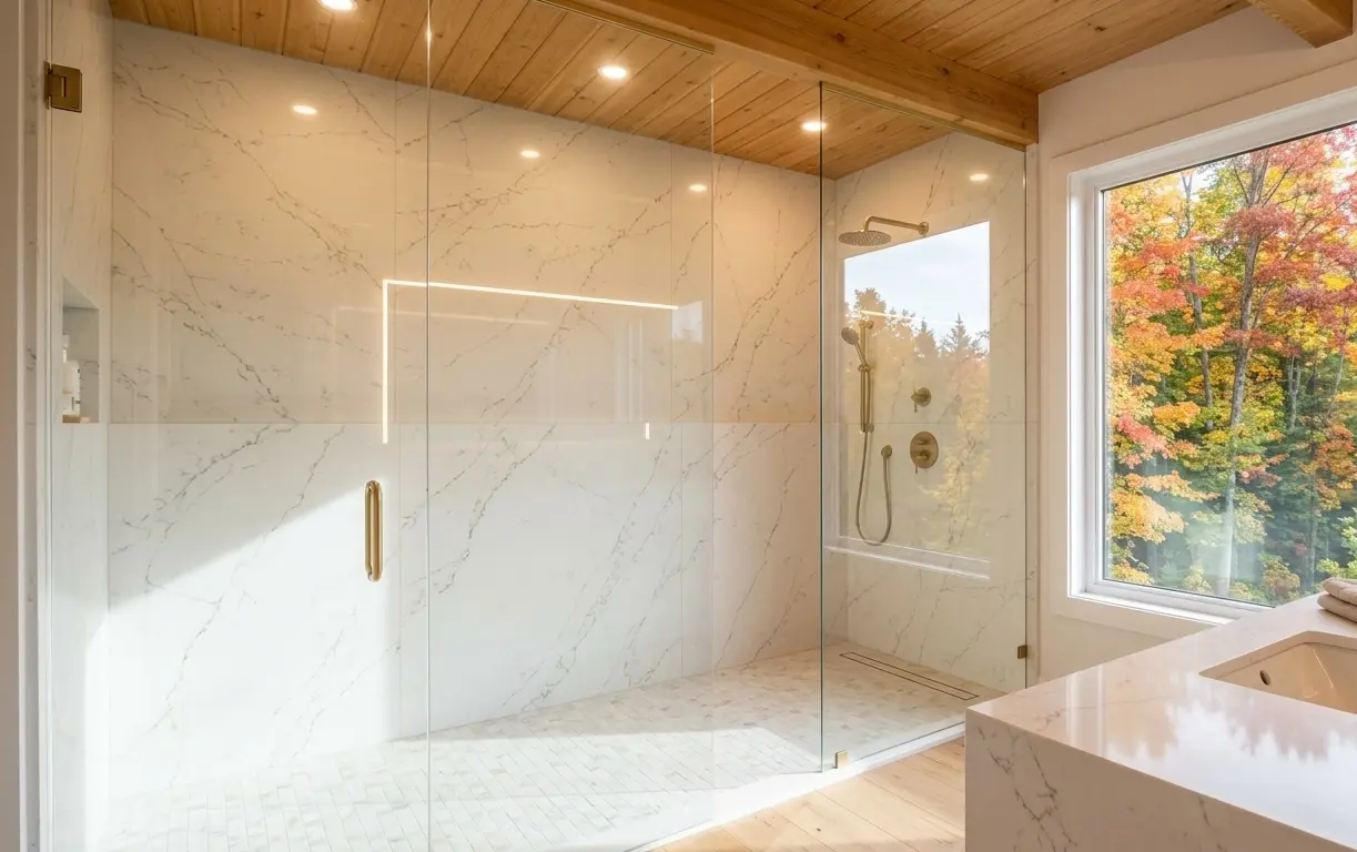 Renovated bathroom with a large glass shower and gold fixtures, overlooking the autumn forest