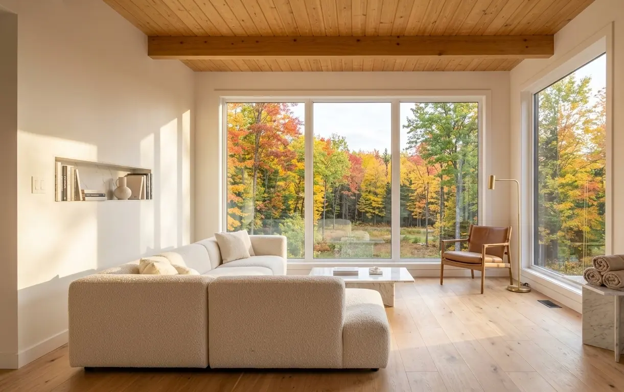 Bright, renovated living room with large windows overlooking the Laurentians' autumn forest