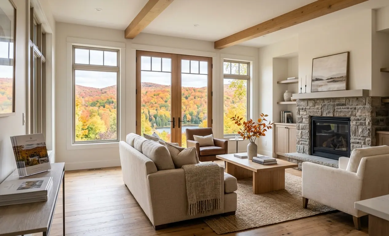 Bright living room showcased with a stone fireplace and a view of the Laurentians' fall colors