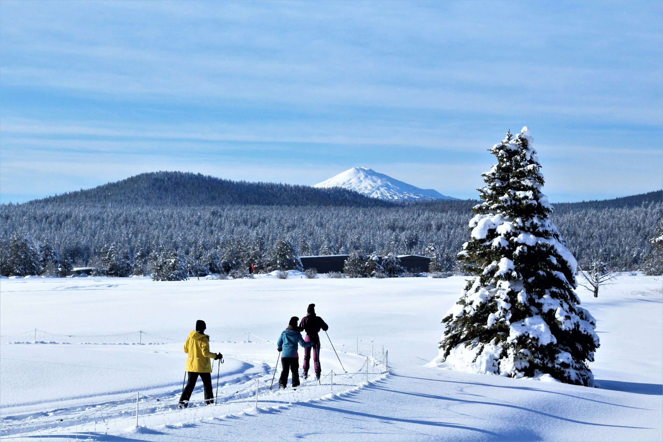 Cross-country skiers on a snowy trail in front of a mountain in winter