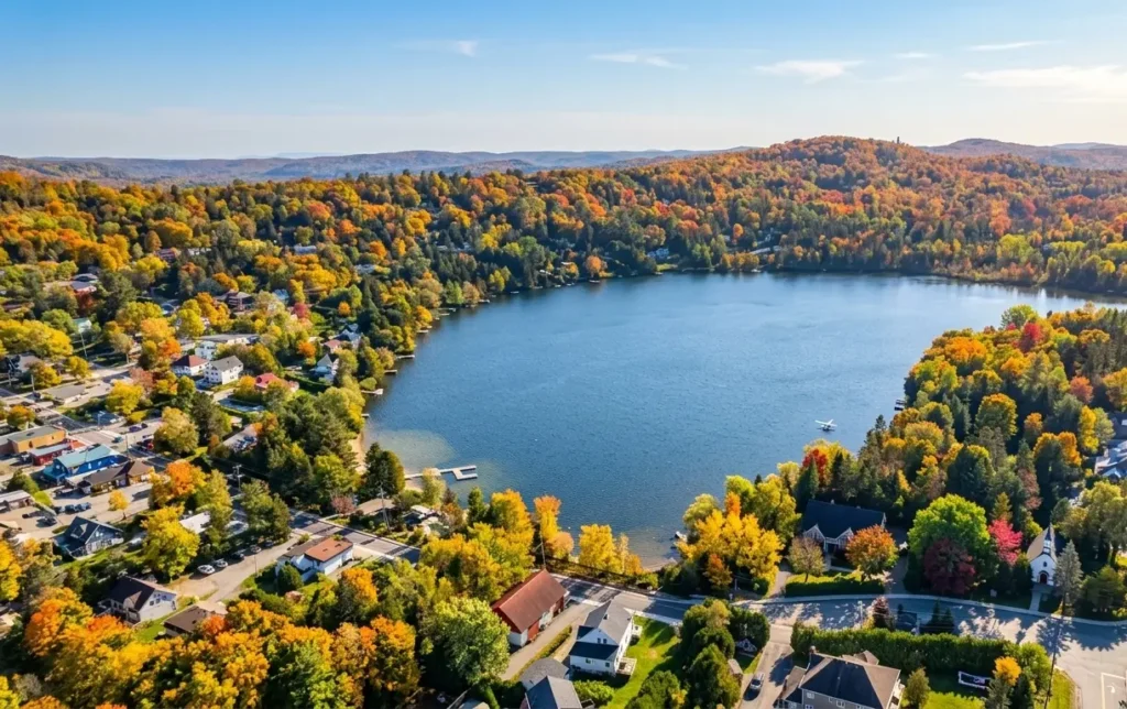 Aerial view of the village of Sainte-Adèle and Lac Rond in autumn, an ideal setting for living in Sainte-Adèle