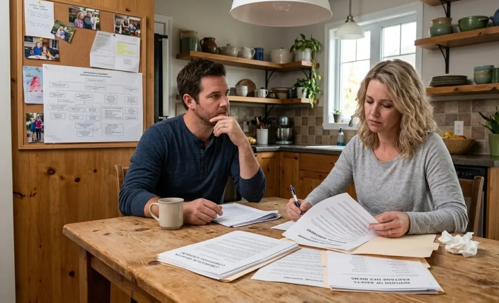 Couple reviewing division documents at the table, a step in selling their house after a separation
