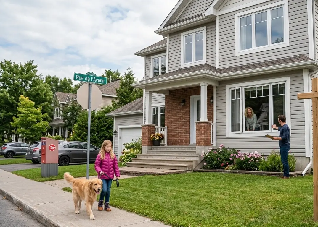 Family home for sale with a broker's sign in a residential Quebec neighborhood