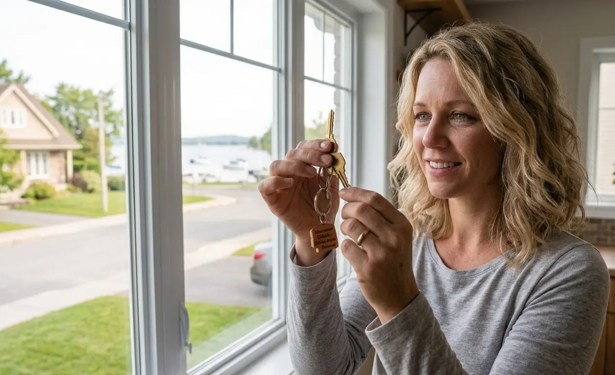 Woman holding a house key in front of a window, a symbol of a fresh start after a separation