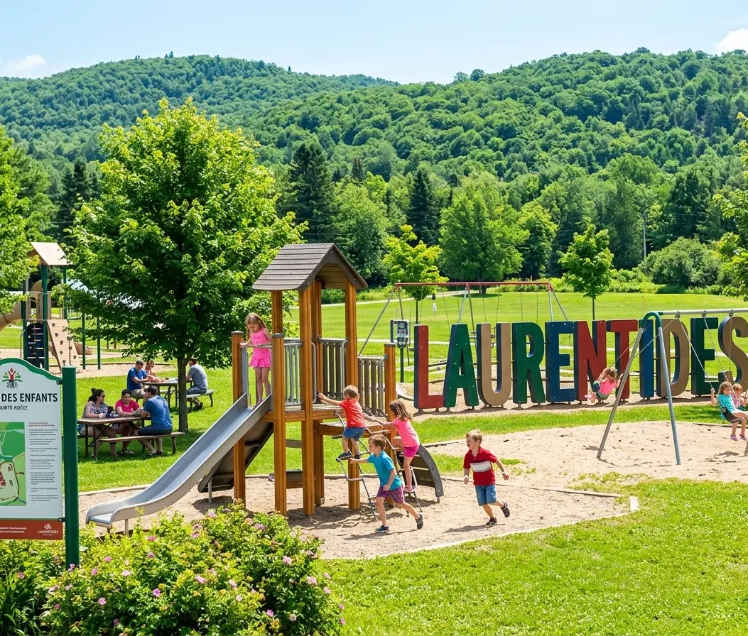 Children playing in a family park in the Laurentians with a play structure and swings in summer
