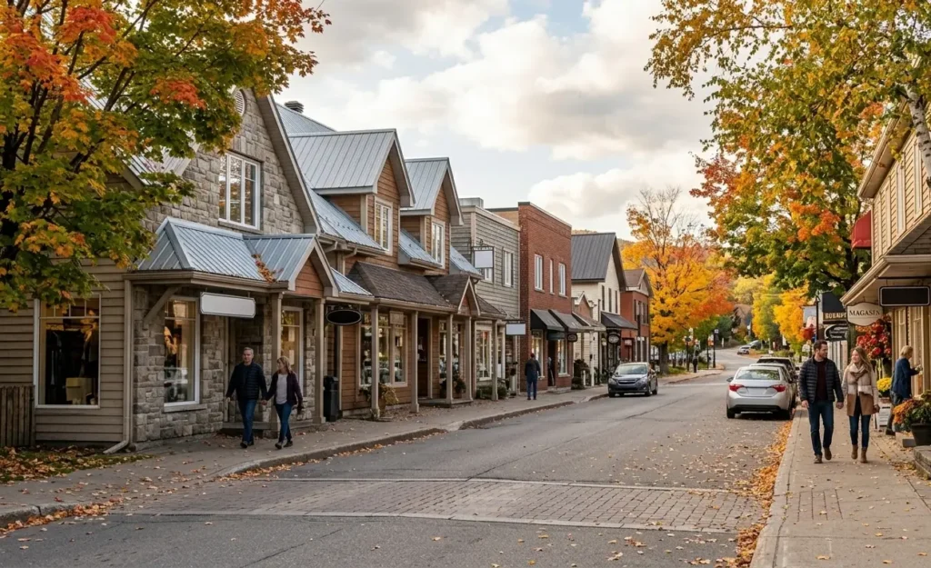 Lively main street of a Laurentian village with shops and fall trees