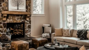 Staged living room with a stone fireplace, beige sofa and large bright windows