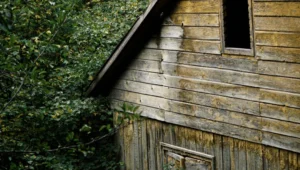 Weathered wooden siding on an older house beside overgrown shrubs