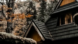 Wooden chalet with a dark shingle roof surrounded by autumn trees in the Laurentians