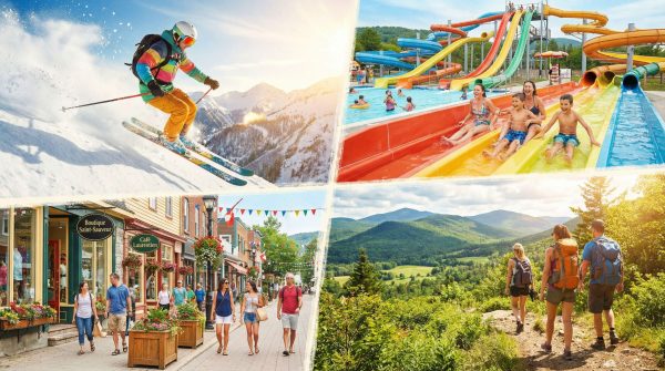 A vibrant collage showing the best things to do in Saint-Sauveur, including winter skiing and summer water park fun